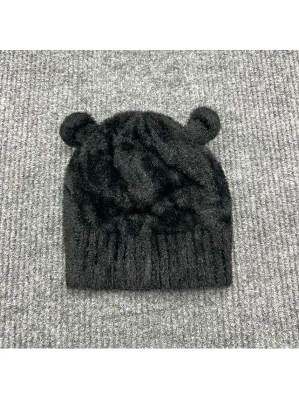 Teddy Fresh Classic Black Fuzzy Bear Ear Beanie Logo Tab Pull On Winter Hat OS